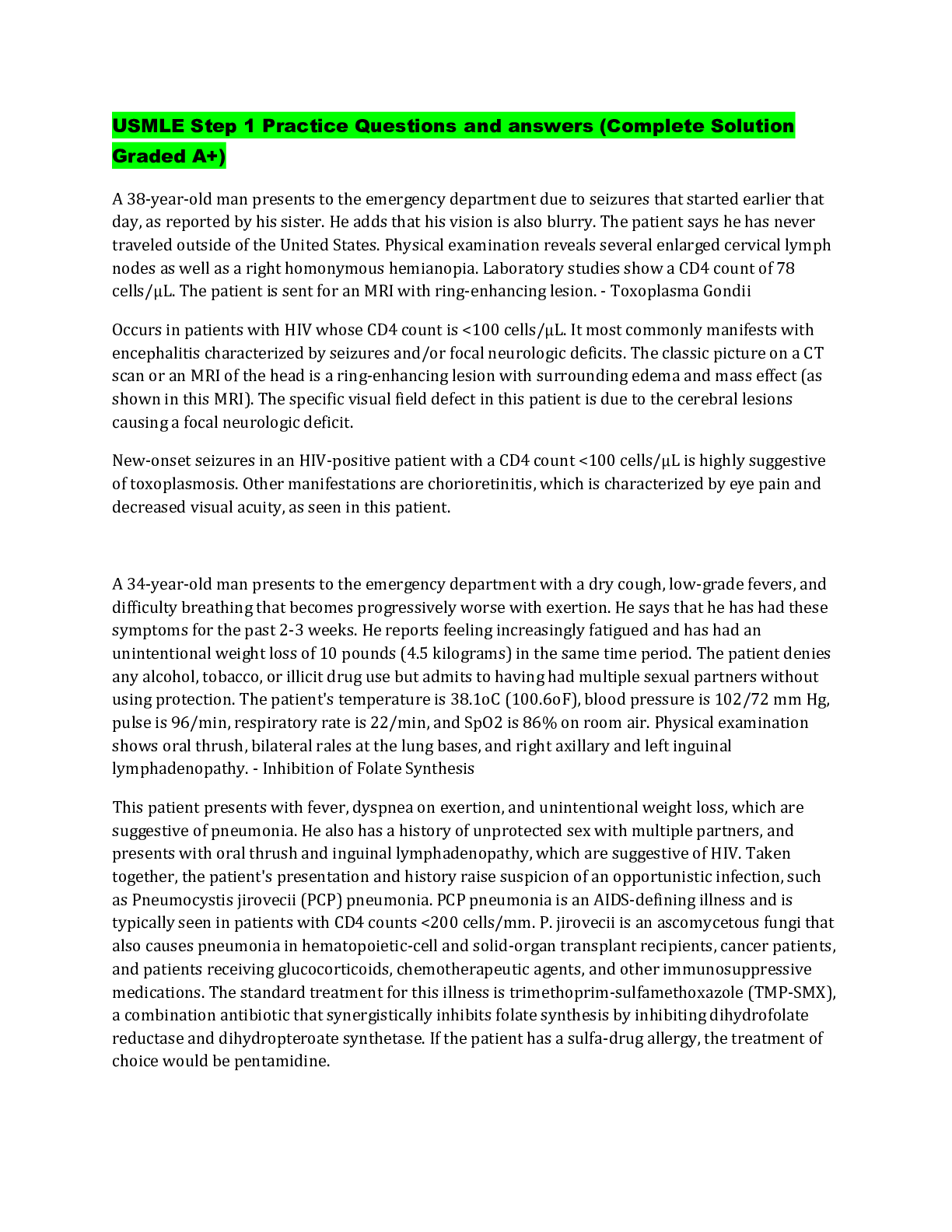Preview image for USMLE Step 1 Practice Questions and answers (Complete Solution Graded A+)